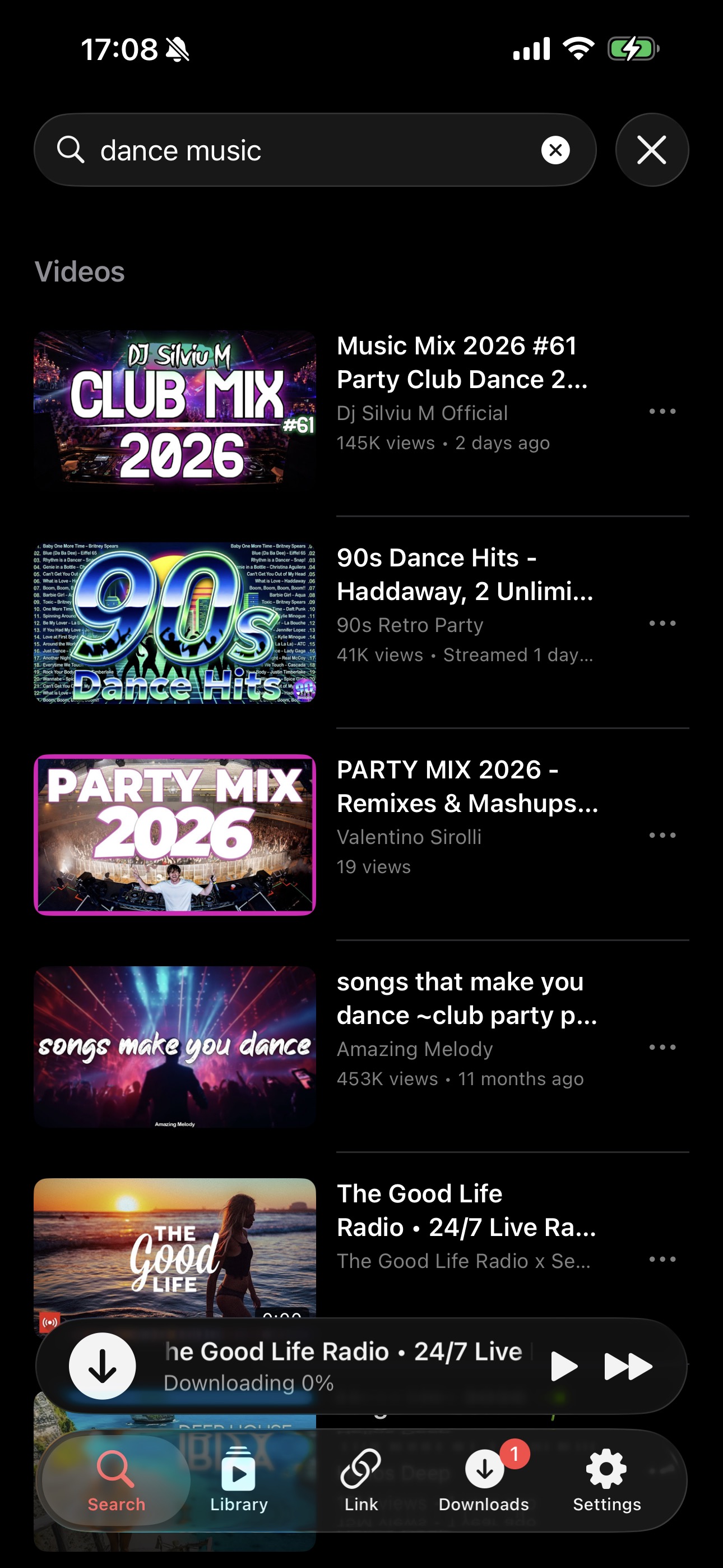 Search results list showing dance music videos