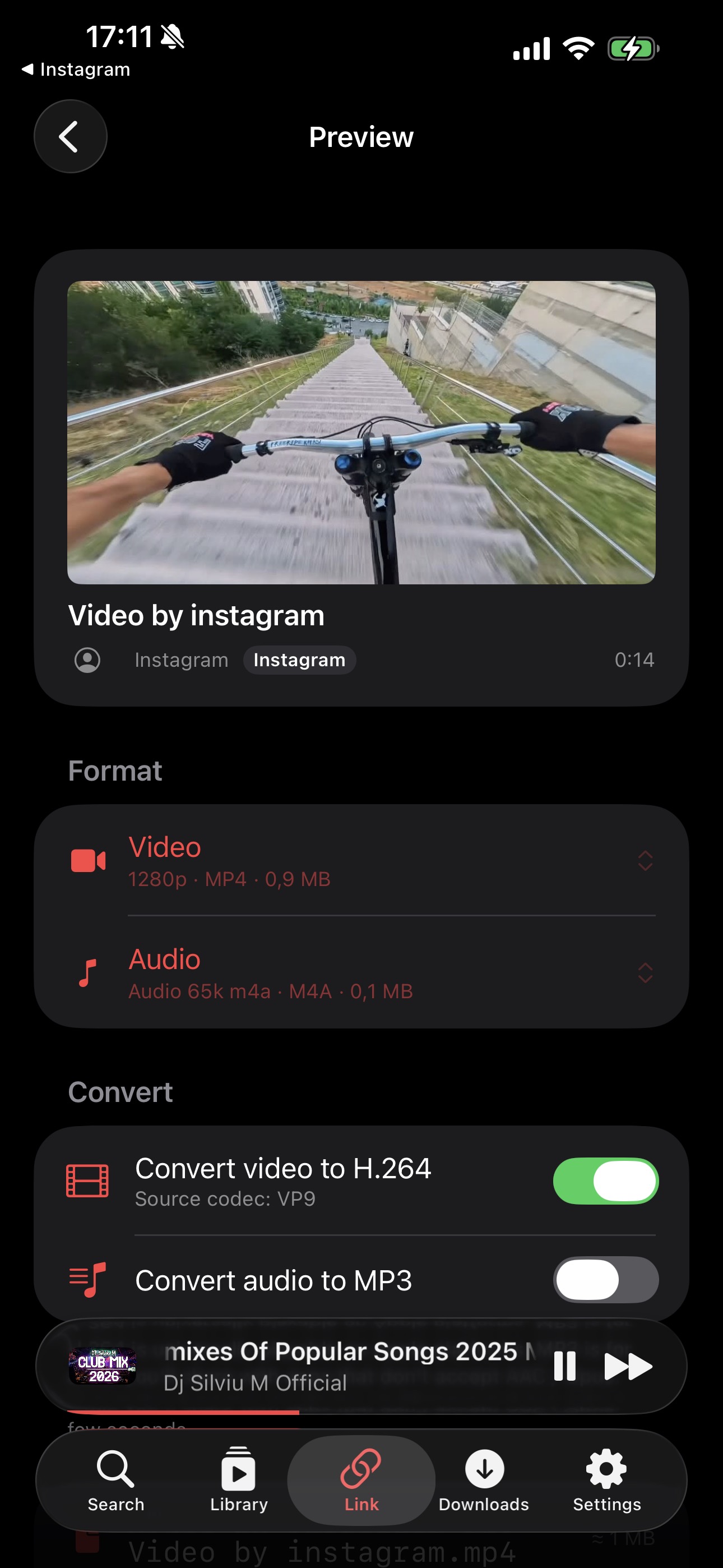 Format picker for an Instagram reel with video and audio options